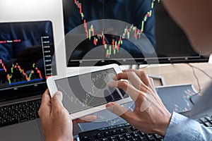 Working business man, team of broker or traders talking about forex on multiple computer screens of stock market invest trading