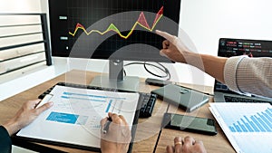 Working business man, team of broker or traders talking about forex on multiple computer screens of stock market invest trading