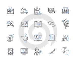 Working business outline icons collection. Operations, Entrepreneur, Strategy, Organization, Processes, Team, Profits