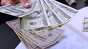 Working businesswoman hands at office workplace desk. Counting money for salary. Investment savings. Finances, economy