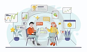 Working colleagues have a communication about work and career illustration design