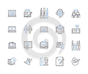 Working conference outline icons collection. Working, Conference, Meeting, Event, Seminar, Summit, Gather vector and