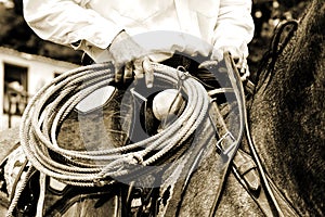 Working Cowboy Riding with Rope - Sepia Tint