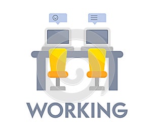 Working or Coworking Banner with Desk, Chairs and Computers with Speech Bubbles. Icon or Badge Isolated
