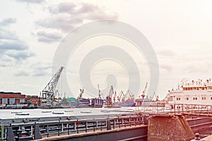 working crane bridge in shipyard and cargo ships in a port