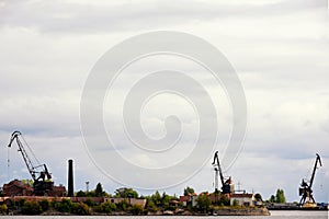 Working crane in near sea harbor