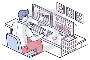 Working on data analysis at a modern office desk with dual monitors displaying charts and graphs