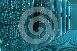 Operational server racks. Modern high-tech telecommunications database super computer in a room