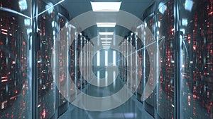 Working data center full of rack servers with futuristic network connections