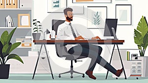 Working at a desk, a male office worker maintains proper posture in a 2D illustration