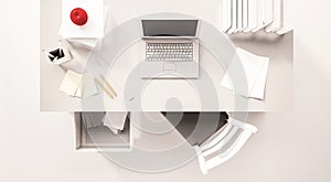 Working desk space, top view, with computer laptop, paper work, books, chair, opened drawer, apple and etc., 3d rendered photo