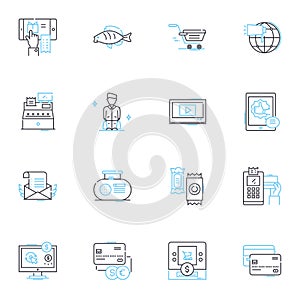 Working doing linear icons set. Laboring, Tasking, Occupying, Employed, Undertaking, Engaged, Producing line vector and