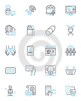 Working doing linear icons set. Laboring, Tasking, Occupying, Employed, Undertaking, Engaged, Producing line vector and