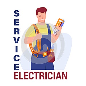 Working electrician with tools. Wires, tester in hands. Service electrician. Vector illustration in flat cartoon style. Isolated