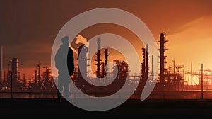 A working engineer in a hard hat stands in front of an oil refinery chemical industrial plant with equipment. AI