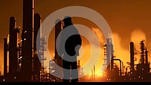 A working engineer in a hard hat stands in front of an oil refinery petrochemical