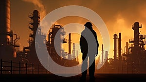 A working engineer stands in front of an oil refinery petrochemical chemical industrial plant with equipment. AI
