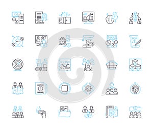 Working environment design linear icons set. Ergonomics, Ambience, Productivity, Sustainability, Collaboration