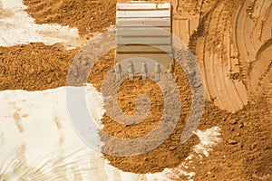 Working Excavator Tractor Digging A Trench.