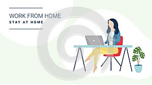 Working at home concept illustration. Young woman freelancers working on laptops and computers at home for quarantine. Vector