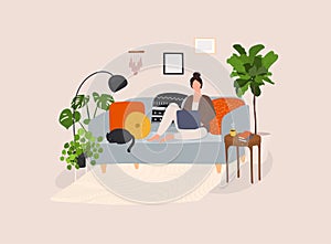 Working at home, coworking space, concept illustration. Cute girl sitting in comfy couch