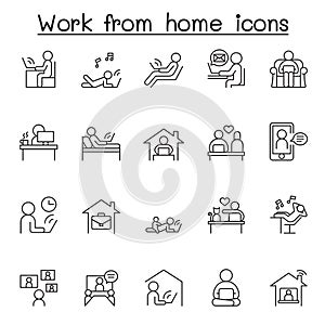 Working at home icon set in thin line style