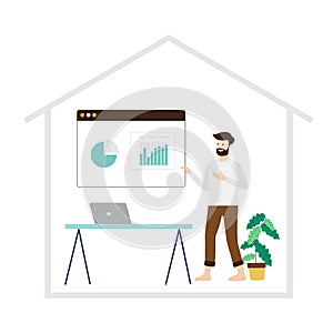 Working at home Online Presentation Speaker concept illustration. Young Man freelancers working on laptops Conference Call and