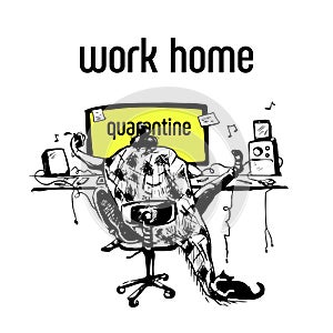 Working at home in quarantine. Telework freelancer working on laptop and computer. Work Home Office. Vector style