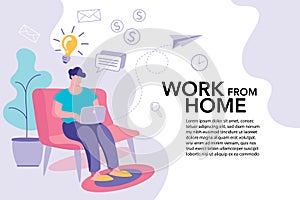 Working from home, teaching and learning online, Remote work, performance of tasks sent by email or social media, Flat vector illu