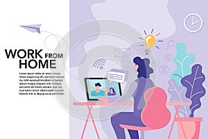 Working from home, teaching and learning online, Remote work, performance of tasks sent by email or social media, Flat vector illu