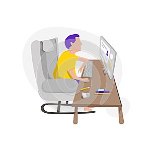 Working at home, young man people character works on computer, flat design vector illustration