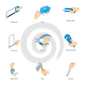 Working instrument icons set, isometric style