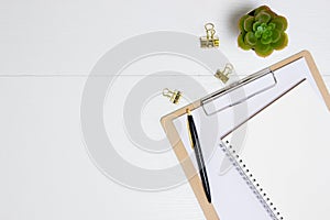 Working items with mobile phone, notebook, pen and cactus over the white wooden table.