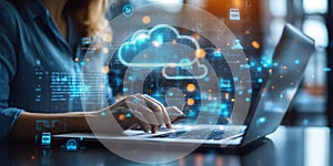 Working on Laptop with Cloud Computing, Data and Artificial Intelligence Concept