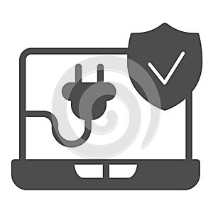 Working laptop solid icon, pcrepair concept, working laptop vector sign on white background, network plug and emblem