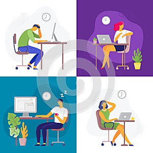 Working late. Overtime work, busy workaholic worker and employees with office laptops. Deadline flat vector illustration