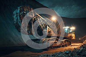 working machine in an open coal mine at night, mining industry