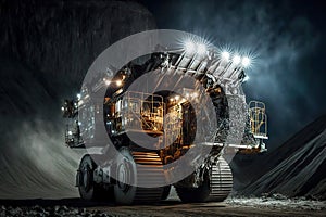 working machine in an open coal mine at night, mining industry