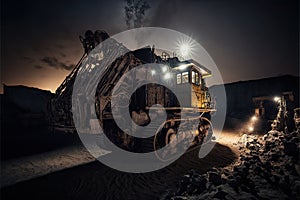 Working machine in an open coal mine at night, mining industry