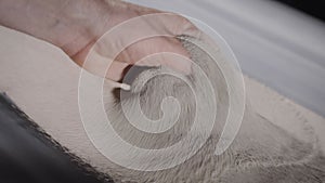 A working man checks the quality of the sand-clay mixture. Conveyor line with raw materials in production.