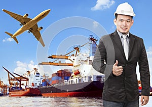 working man and commercial ship on port and air cargo plane flying above use for water and air transport,logistic import export i