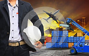 working man and container dock in land ,air cargo logistic freight industry