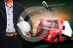 Working man in land by truck and air by plane logistic industry