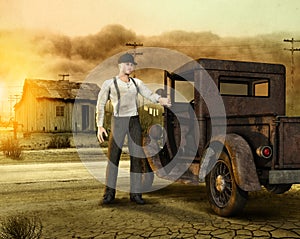 Working Man leaving a Dust Bowl 1930s Era Homestead