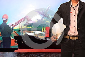 Working man in ship port use for vessel ,nautical and import export transport logistic industry