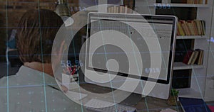 Working man wearing collared-shirt leaning at desk checking screen with data overlay, copy space