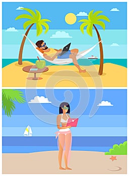 Working Man and Woman Seaside Vector Illustration
