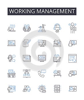 Working management line icons collection. Kinematics, Robotics, Dynamics, Thermodynamics, Automation, Solids, Fluids