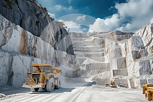 Working in marble quarry, heavy excavators bulldozers with large trucks