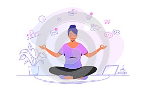 Working and meditating at home. Cute woman sitting at home in lotus pose and concentrating